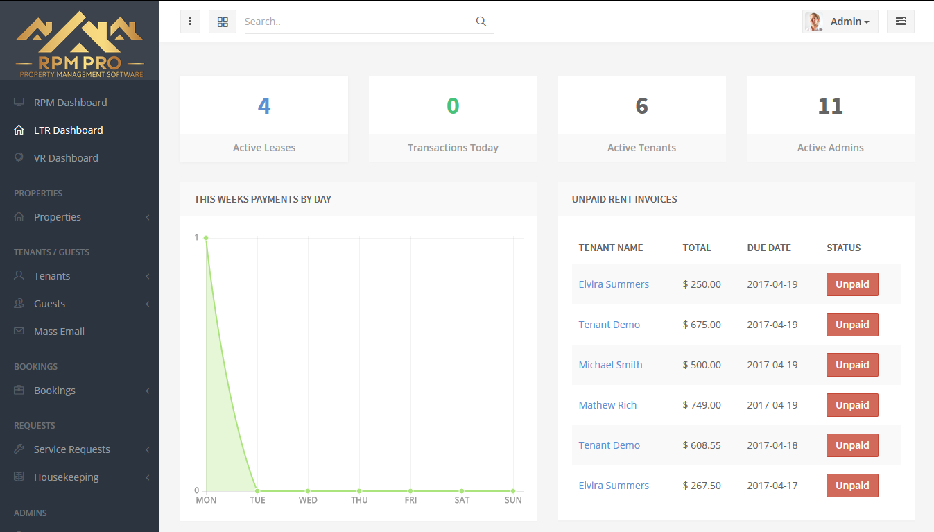 RPM Pro long-term rental dashboard on mobile